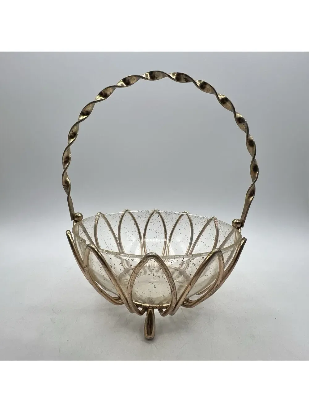 Vintage Atomic Gold Wire Lucite Basket Candy Dish Bowl 8